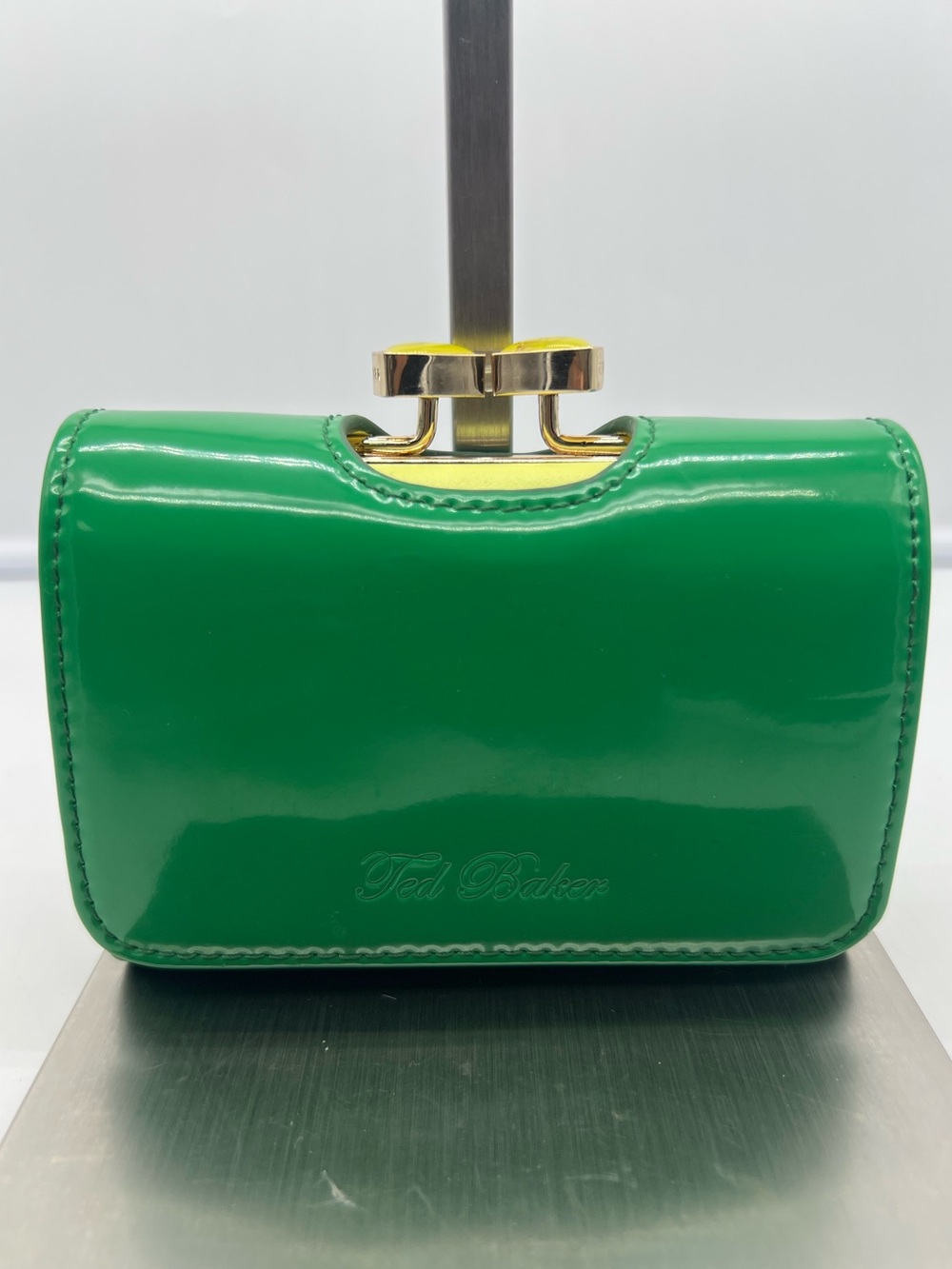 TED BAKER Lenora Bow Enamel Patent Leather Green Yellow Small Purse Compt Wallet